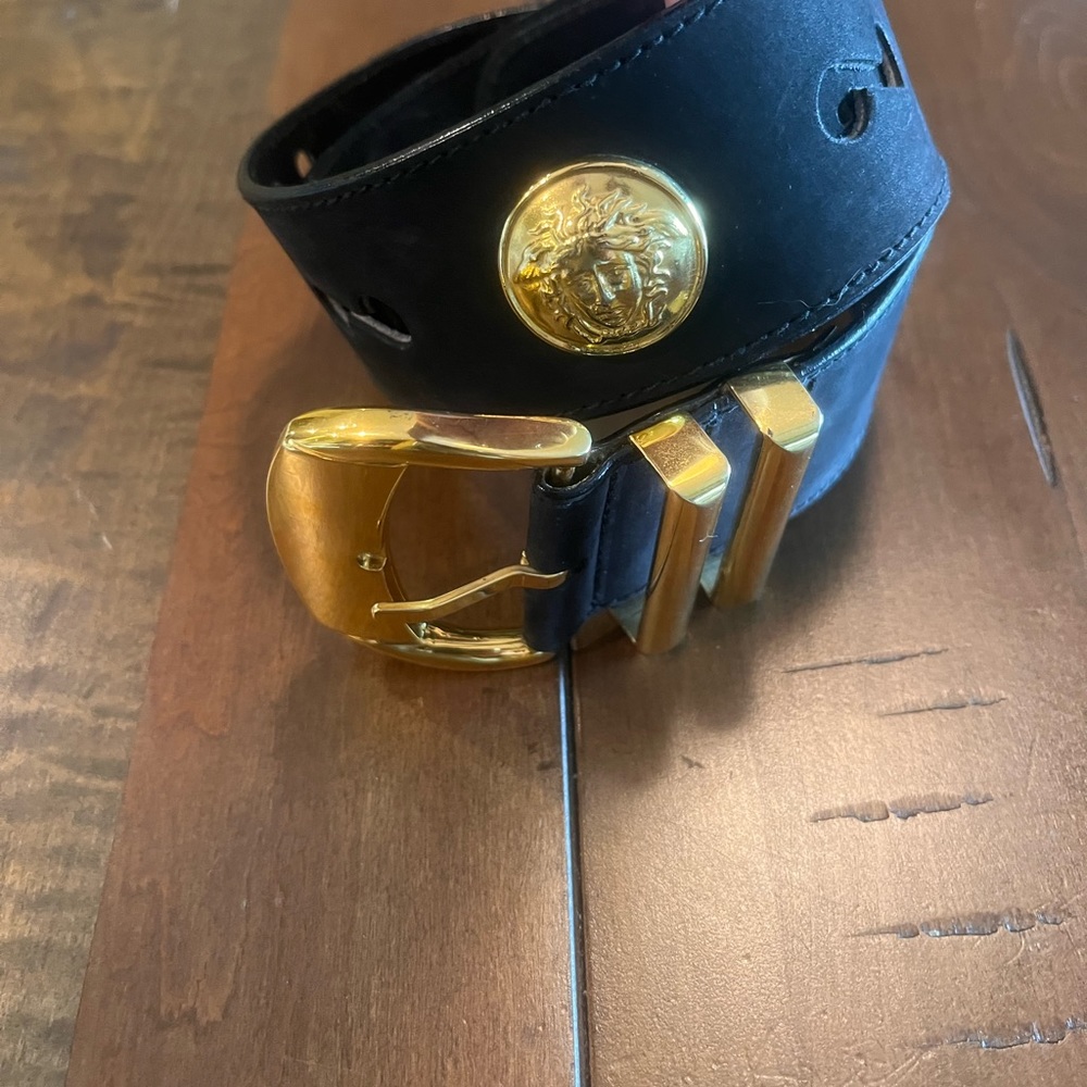 RARE FIND! Vintage Italian Gianni Versace suede belt with gold Medusa heads.